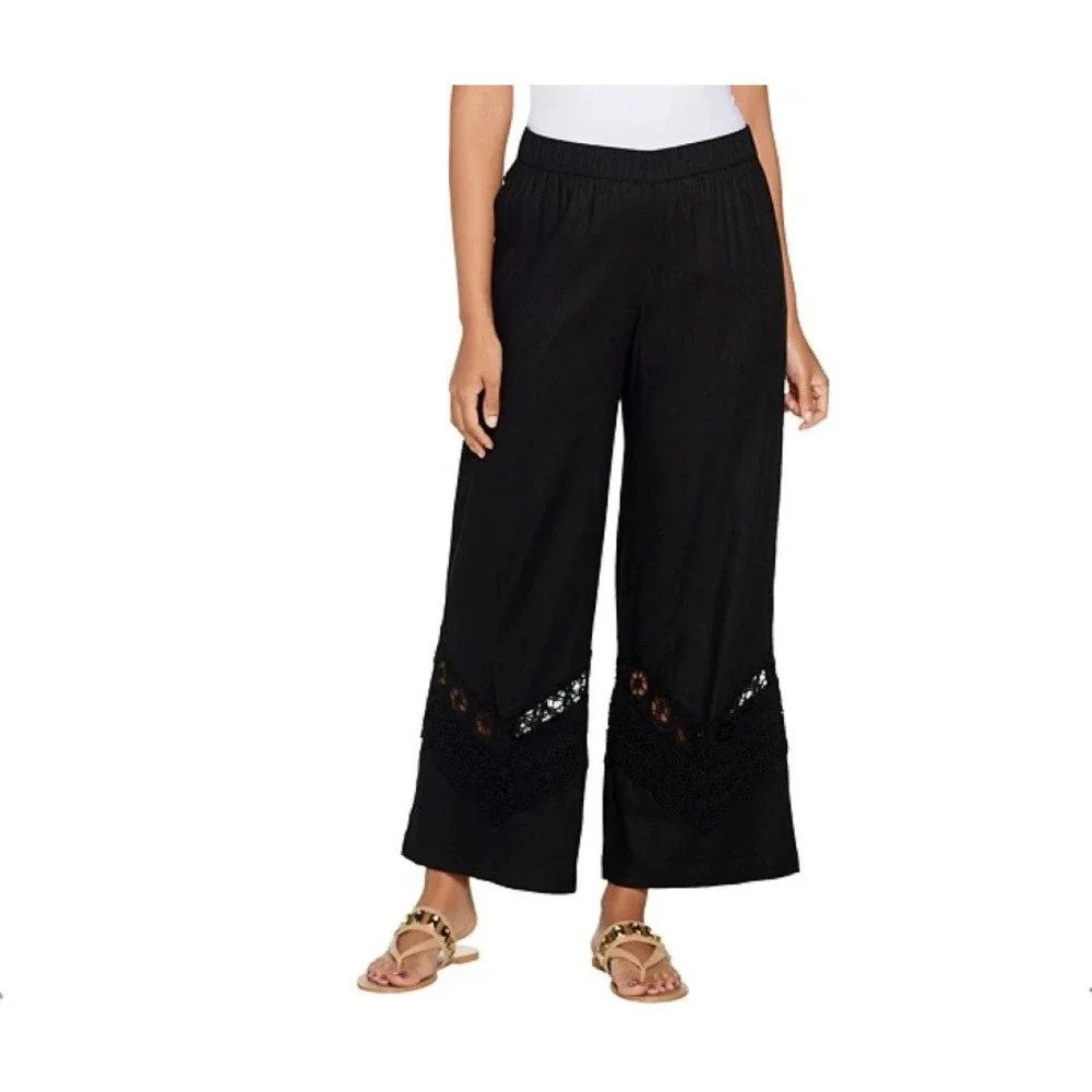 Susan Graver Black Wide Leg Cropped Pants Lace Trim Elastic Waist Women's 16 EUC - Picture 2 of 15